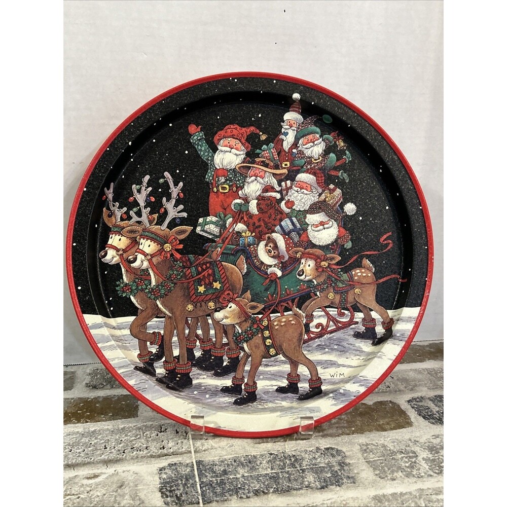 Vintage ‘94 Potpourri Designs Sleigh Ride Round Tray 13.5” Metal Santa Reindeer